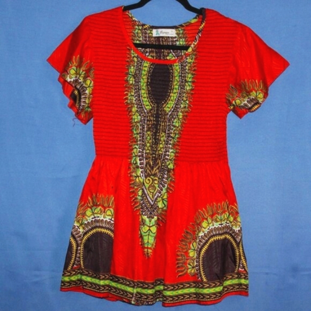 Lapogee Dashiki Print Smocked Top/Mini Dress - Women's Size L - Red Multicolor